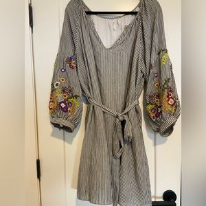 Anthropologie striped cotton dress with embroidered organic flowers